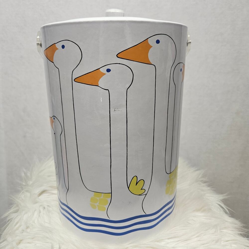 Vintage 1980s Country Geese Ice Bucket Canister White Blue Stripes